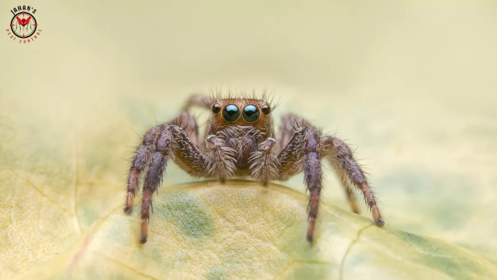 Close-up of a jumping spider resting on a green leaf