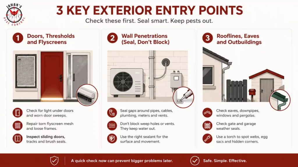 Infographic showing three key exterior entry points to seal against spiders and other pests